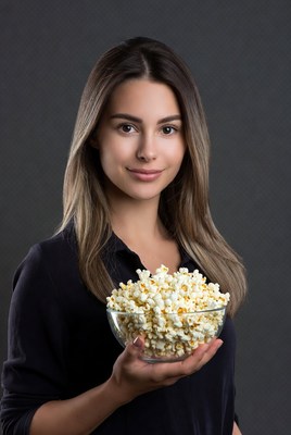 Woman holding bowl of popcorn