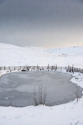 Frozen Pond with Fence in Snowy Hills