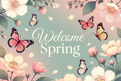Welcome Spring Butterflies Flowers Illustration