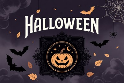 Halloween Pumpkin with Bats and Spiderwebs