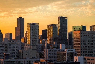 City skyline at sunset