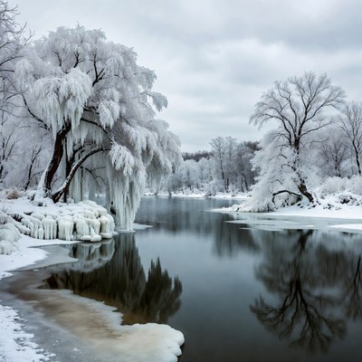 Winter Trees by Frozen River