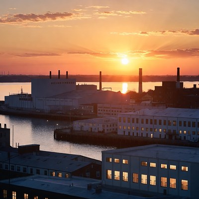 Sunset over Industrial Harbor Factories