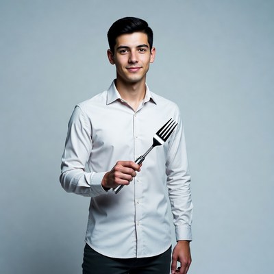 Young man holding fork