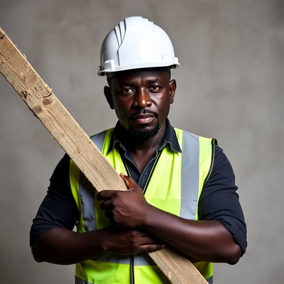 African man in hard hat holding wood plank