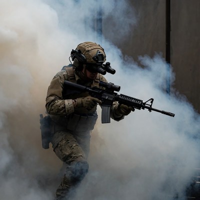 Soldier aiming rifle in smoke