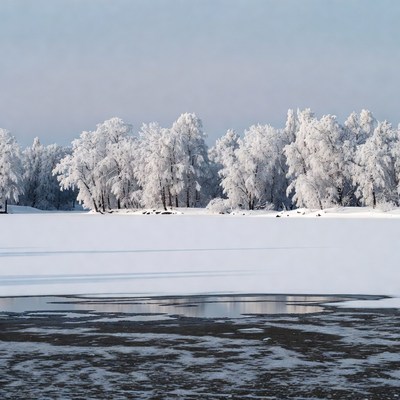Snowy Trees by Frozen Lake