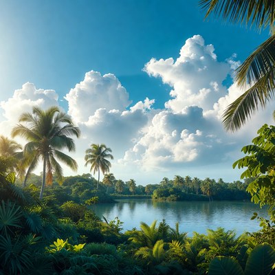 Tropical Palm Lagoon with Blue Sky