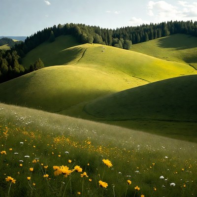 Rolling Green Hills with Wildflowers