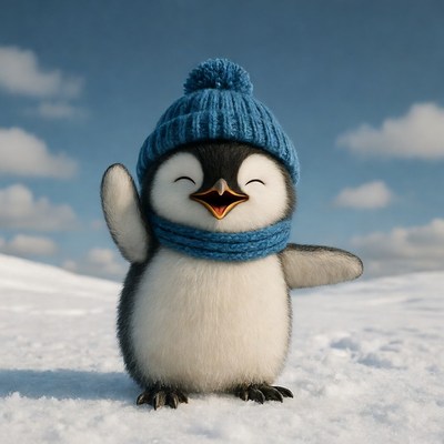 Cute baby penguin waving in snow