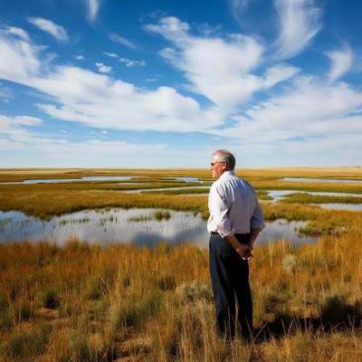 Elderly man standing in wetlands