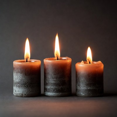 Three burning candles on black background