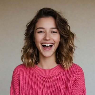 Smiling woman in pink sweater