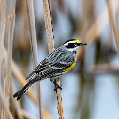 Yellow-rumped Warbler on reeds