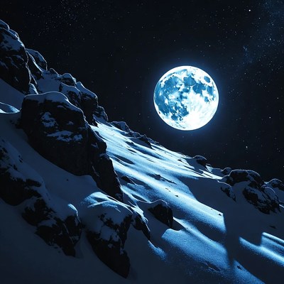 Full Blue Moon Over Snowy Mountain