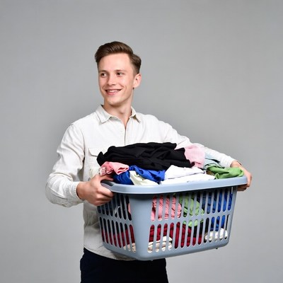 Young man holding laundry basket