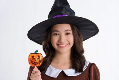 Asian girl in witch costume holding pumpkin lollipop