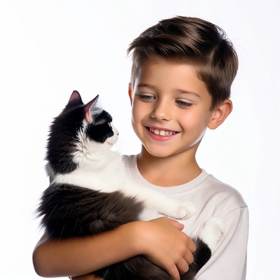 Boy holding black and white kitten
