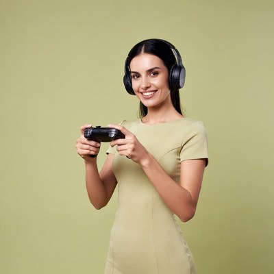 Woman gaming with headset and controller