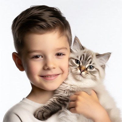 Boy hugging cute kitten