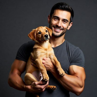 Man holding golden puppy