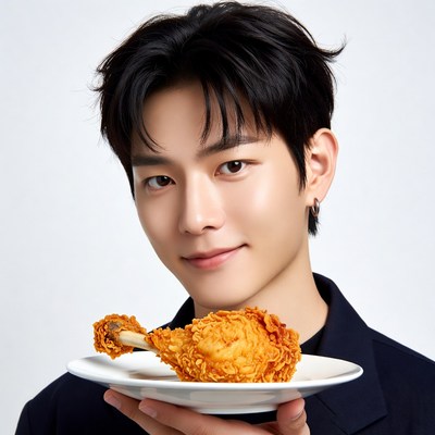 Asian man holding fried chicken