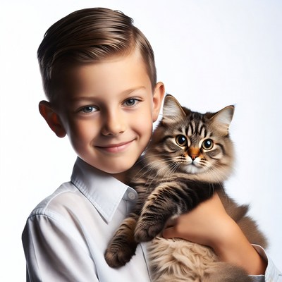Boy holding fluffy tabby kitten