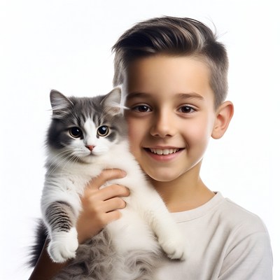 Boy holding cute gray kitten