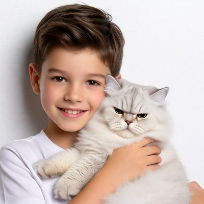 Boy holding Persian cat