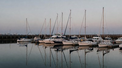 Sailboats Docked at Marina with Reflections