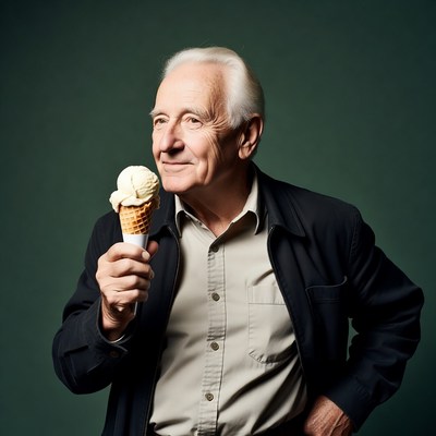 Elderly man holding vanilla ice cream cone