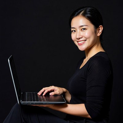 Asian woman typing on laptop