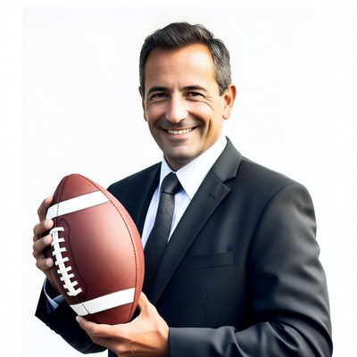 Man holding football in suit