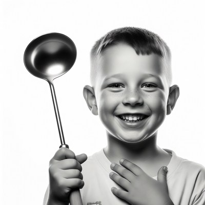 Boy holding ladle smiling