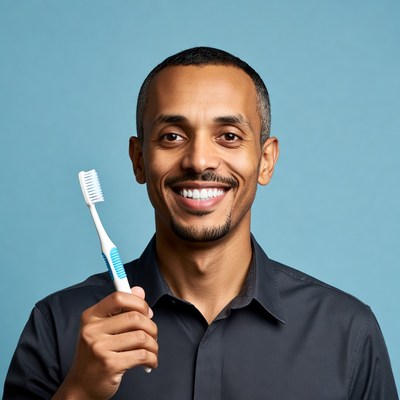 Man holding toothbrush smiling
