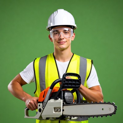 Young man holding chainsaw