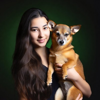Girl holding small brown dog