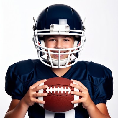 Boy in football helmet holding ball