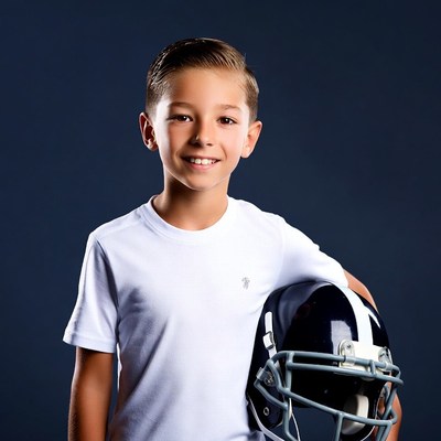 Boy holding football helmet