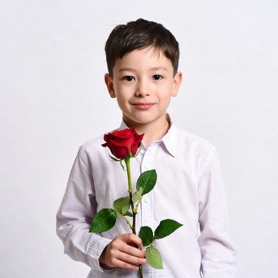 Asian boy holding red rose