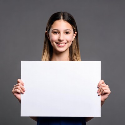 Smiling girl holding blank sign