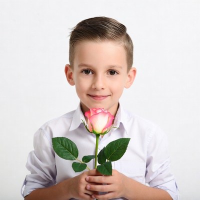 Boy holding pink rose