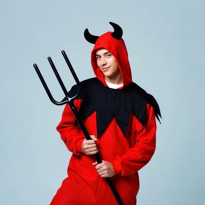 Man in red devil costume with pitchfork