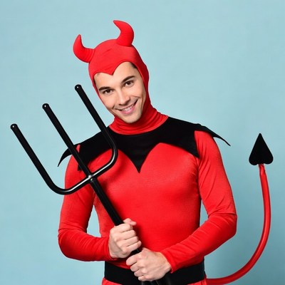 Man in red devil costume with trident