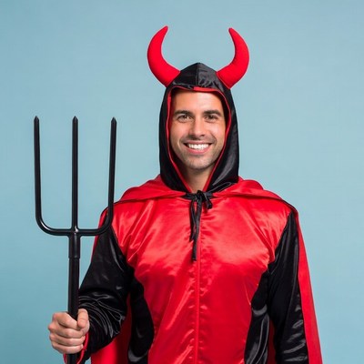 Man in devil costume with pitchfork