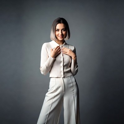 Smiling woman in white suit