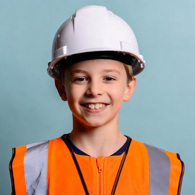 Boy wearing hard hat and vest