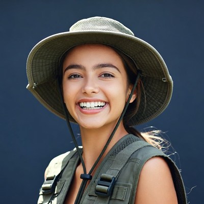 Smiling woman in green hat and vest
