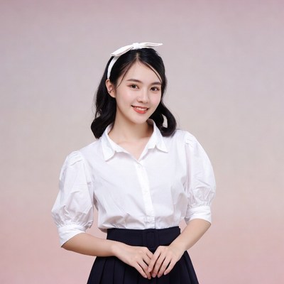 Asian girl in white blouse and navy skirt