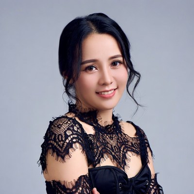 Asian woman in black lace dress
